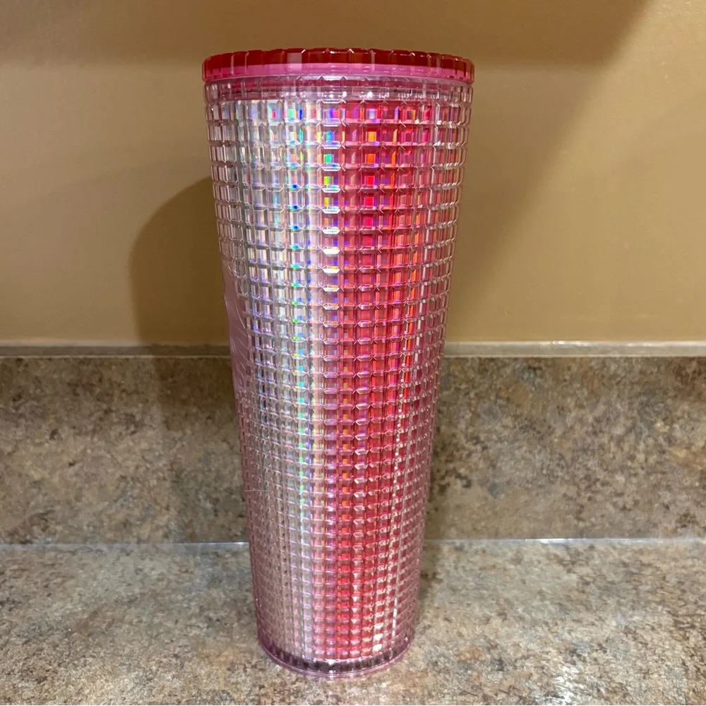 Starbucks 2022 Iridescent Pink Silver Bubblegum Grid Cold Cup Tumbler Venti 24oz